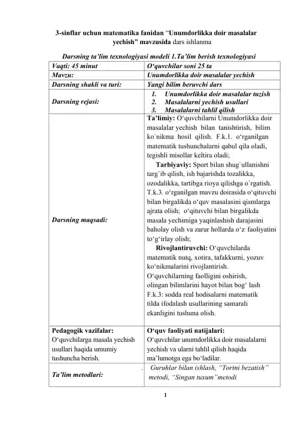 Unumdorlikka doir masalalar yechish