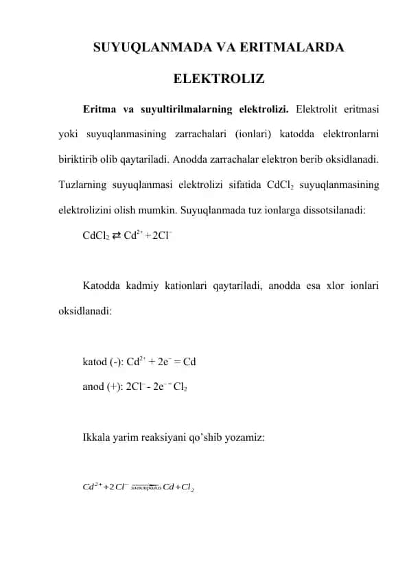 SUYUQLANMADA VA ERITMALARDA ELEKTROLIZ