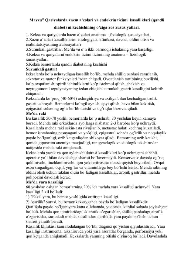 Qariyalarda Xazm A'zolari va Endokrin Tizimi Kasalliklari (Qandli Diabet) Haqida Ma'lumotlar