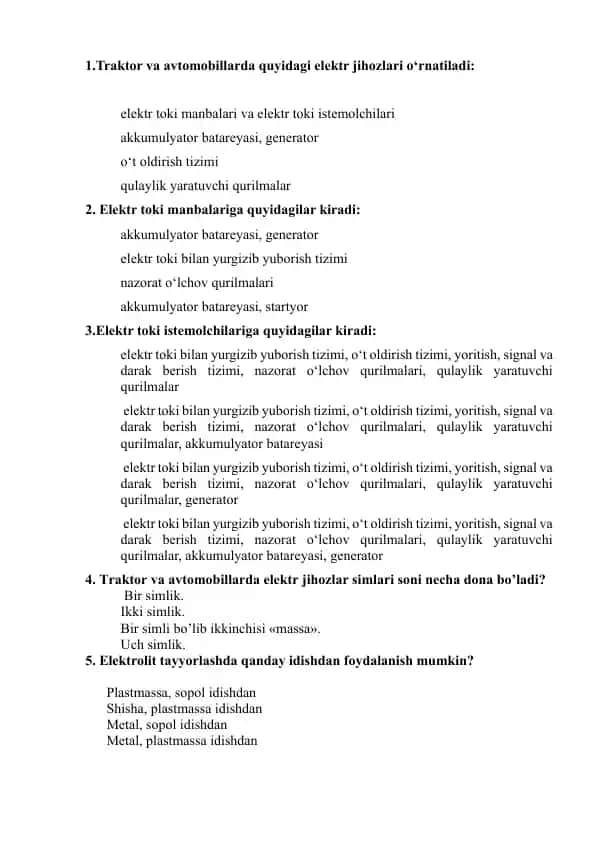 Traktor va avtomobillardagi elektr jihozlar