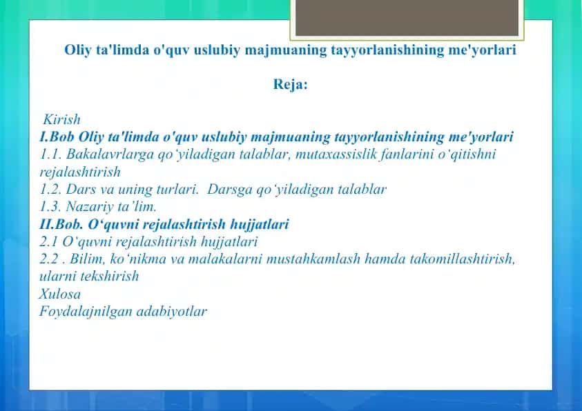Oliy ta'limda o'quv uslubiy majmuaning tayyorlanishining me'yorlari
