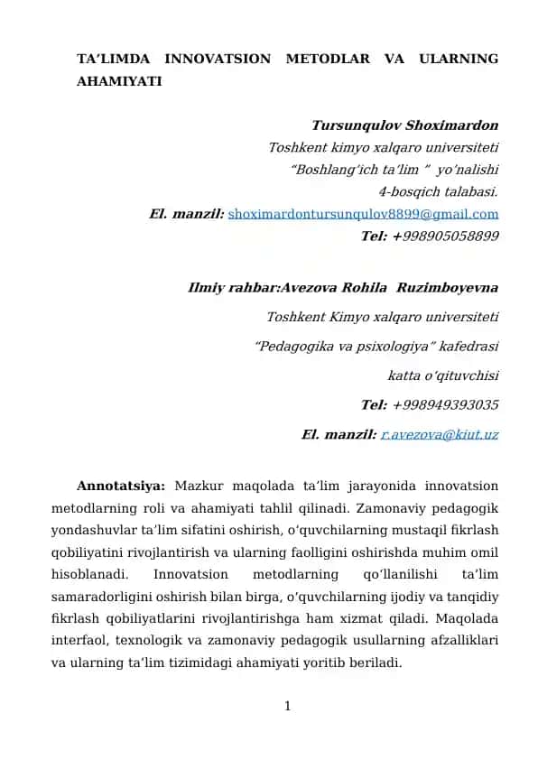 TA’LIMDA INNOVATSION METODLAR VA ULARNING AHAMIYATI