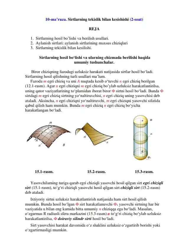 Sirtlarning Tekislik bilan Kesishishi