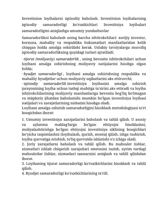 Investitsion loyihalarni iqtisodiy samaradorlikka baholash