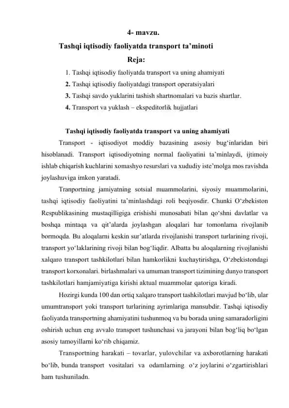 Tashqi iqtisodiy faoliyatda transport ta’minoti