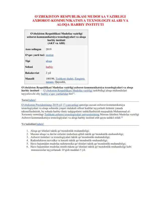 Oʻzbekiston Respublikasi Mudofaa vazirligi axborot-kommunikatsiya texnologiyalari va aloqa harbiy instituti