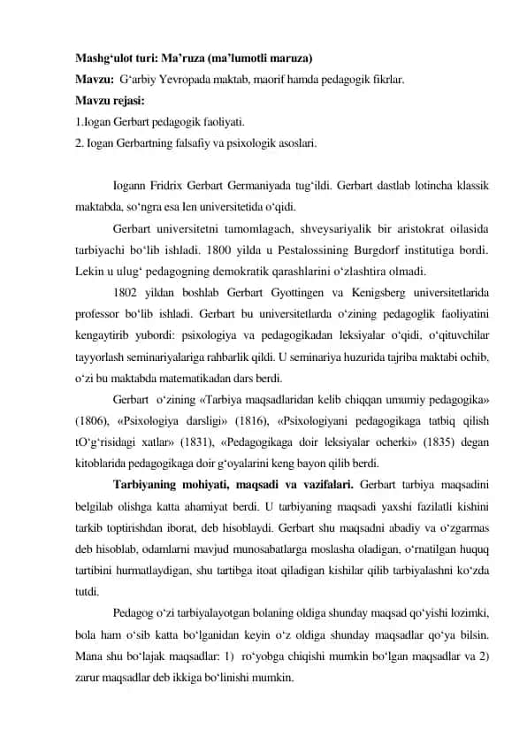 Iogan Gerbartning pedagogik faoliyati