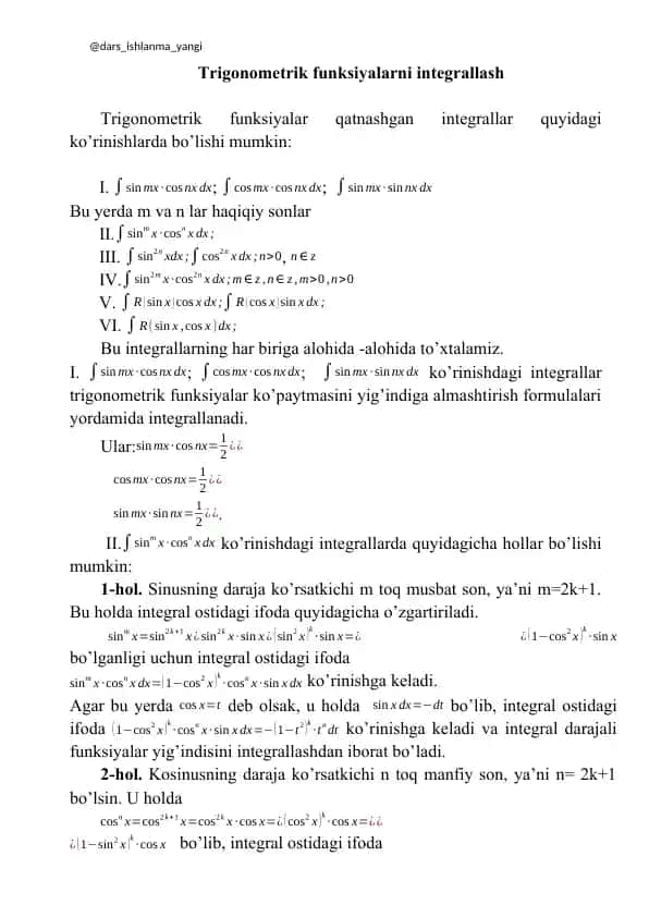Trigonometrik funksiyalarni integrallash