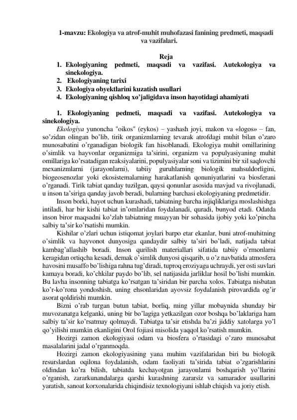 Ekologiya va atrof-muhit muhofazasi fanining predmeti, maqsadi va vazifalari