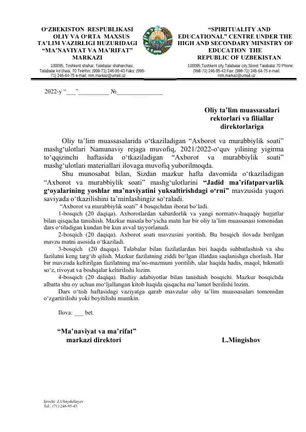 "Axborot va murabbiylik soati"