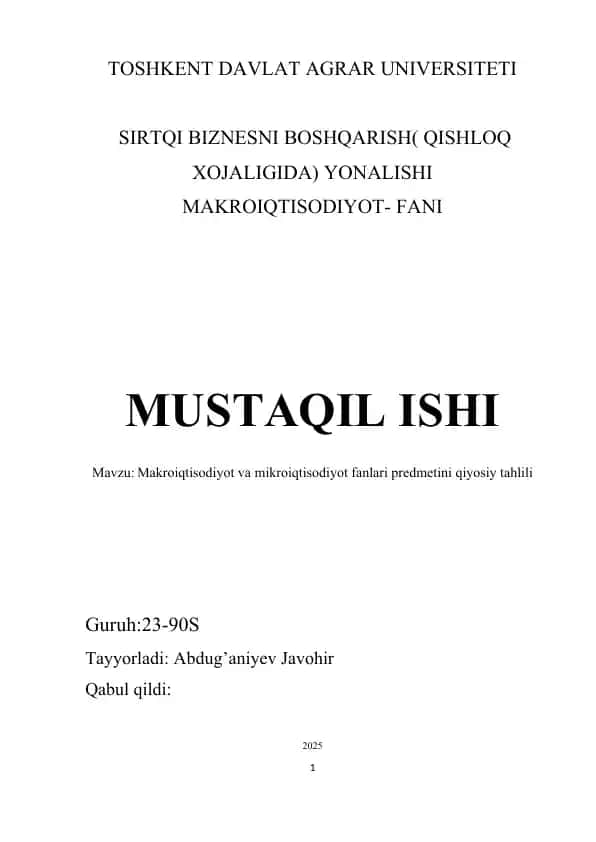 Makroiqtisodiyot va mikroiqtisodiyot fanlari predmetini qiyosiy tahlili
