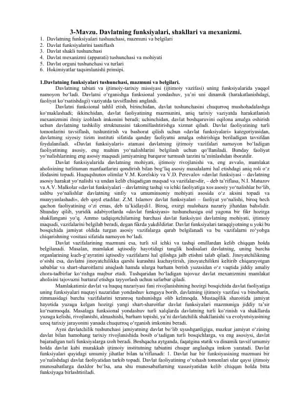 Davlatning funksiyalari, shakllari va mexanizmi