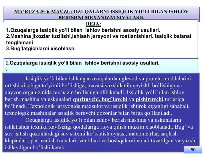 Ozuqalarni issiqlik yo‘li bilan ishlov berishni mexanizatsiyalash