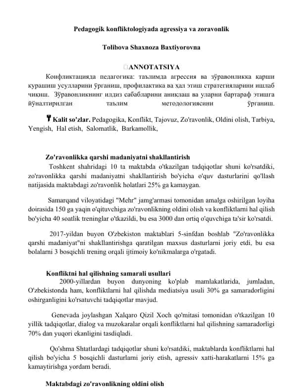 Pedagogik konfliktologiyada agressiya va zoravonlik