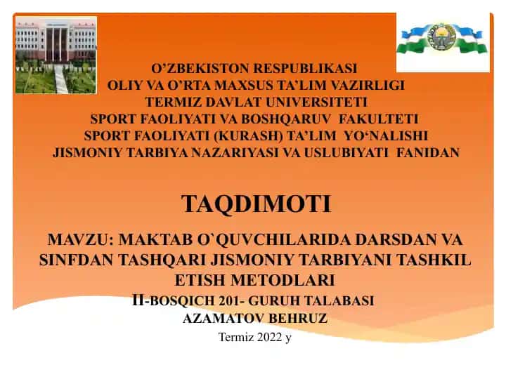 MAKTAB O`QUVCHILARIDA DARSDAN VA SINFDAN TASHQARI JISMONIY TARBIYANI TASHKIL ETISH METODLARI