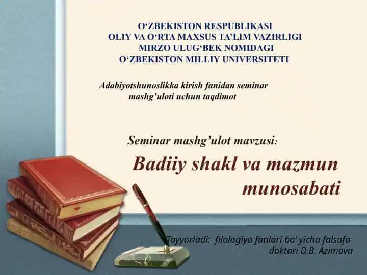 Adabiyotshunoslikka kirish fanidan seminar mashg'uloti