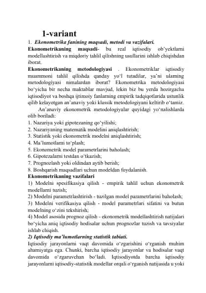 Ekonometrika yakuniy testlar