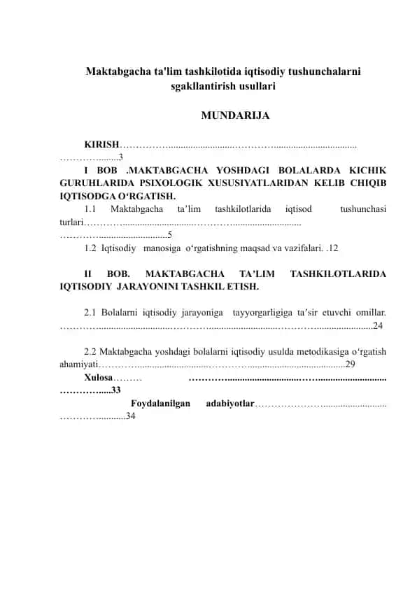 Maktabgacha ta'lim tashkilotida iqtisodiy tushunchalarni shakllantirish usullari