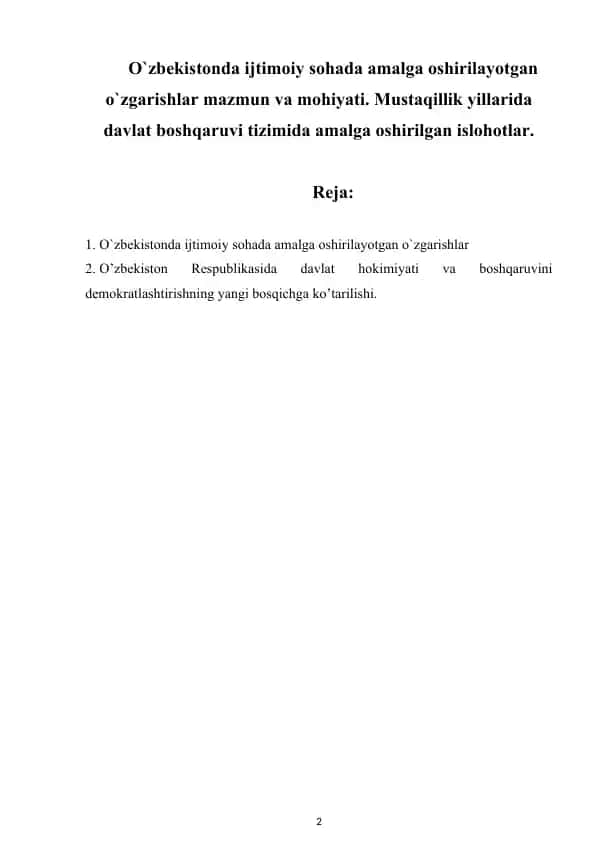 O`zbekistonda ijtimoiy sohada amalga oshirilayotgan o`zgarishlar