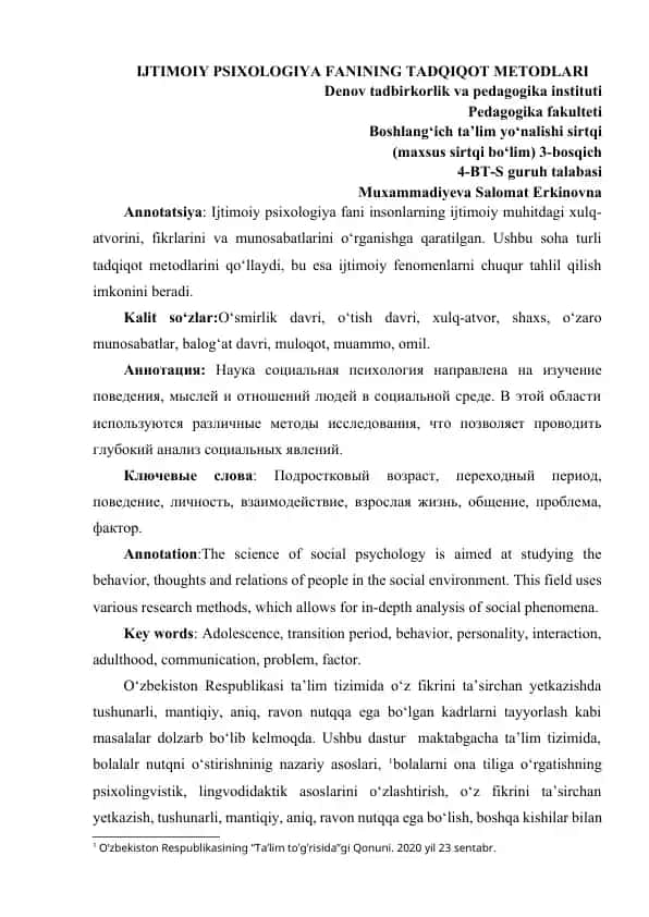 Ijtimoiy Psixologiya Fanining Tadqiqot Metodlari