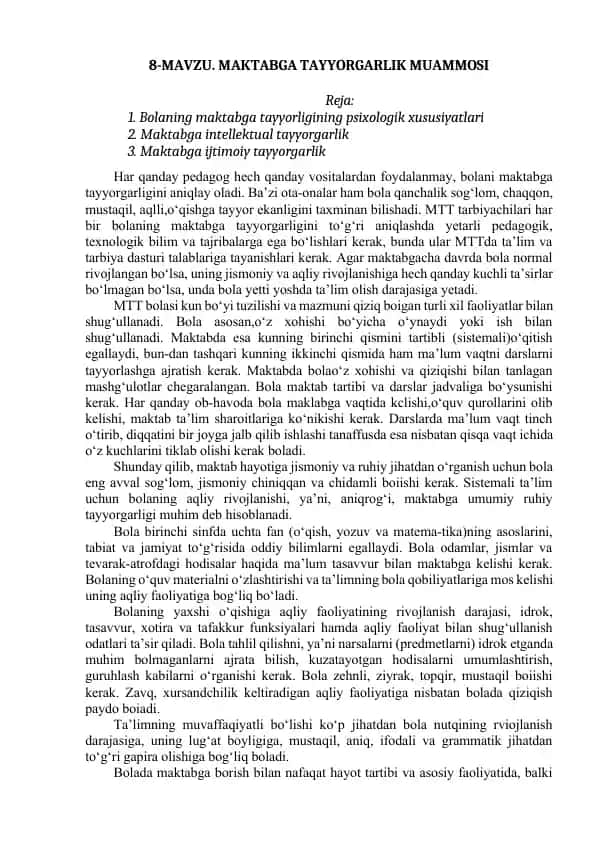 Maktabga Tayyorgarlik Muammosi