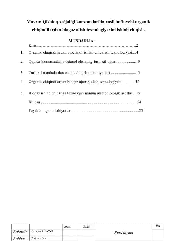 Organik chiqindilardan biogaz olish texnologiyasi