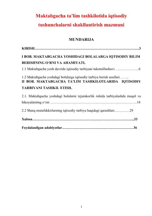 Maktabgacha ta’lim tashkilotida iqtisodiy tushunchalarni shakllantirish mazmuni
