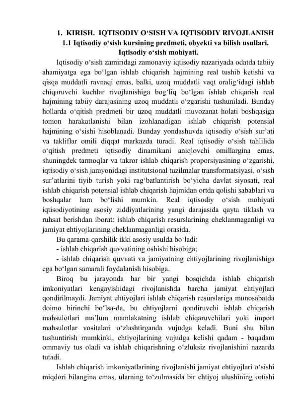 Iqtisodiy o‘sish va iqtisodiy rivojlanish