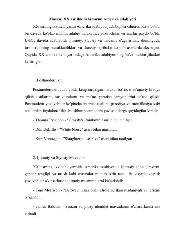XX asr ikkinchi yarmi Amerika adabiyoti