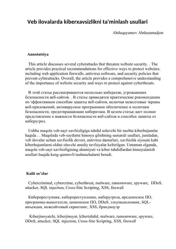 Kiberhujumlar va Veb-sayt Xavfsizligi