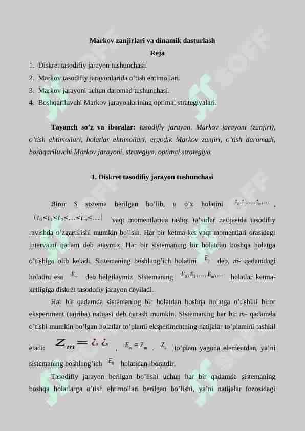Markov zanjirlari va dinamik dasturlash