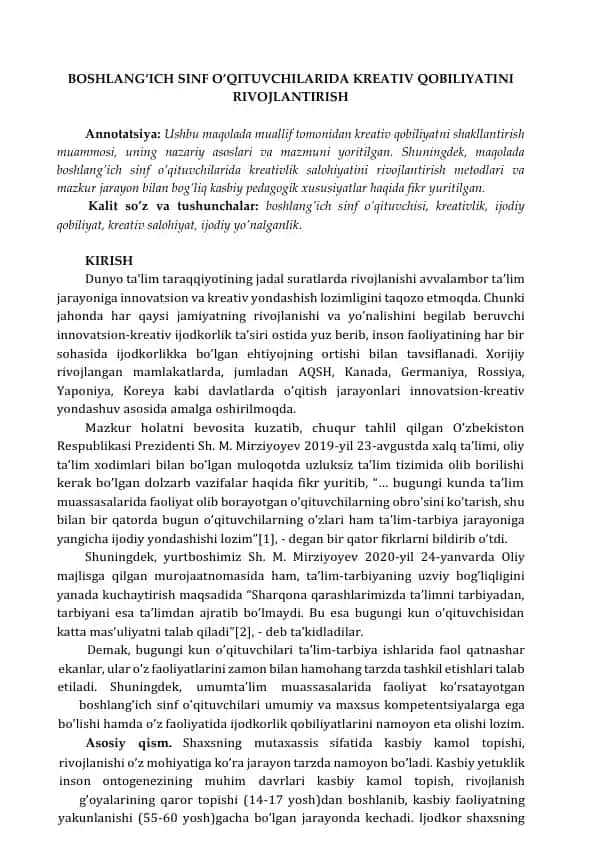 BOSHLANG’ICH SINF O’QITUVCHILARIDA KREATIV QOBILIYATINI RIVOJLANTIRISH