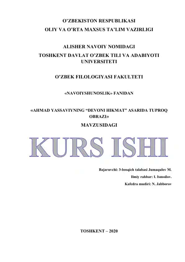 Ahmad Yassaviyning “Devoni Hikmat” asarida tuproq obrazini tadqiq etish kurs ishi