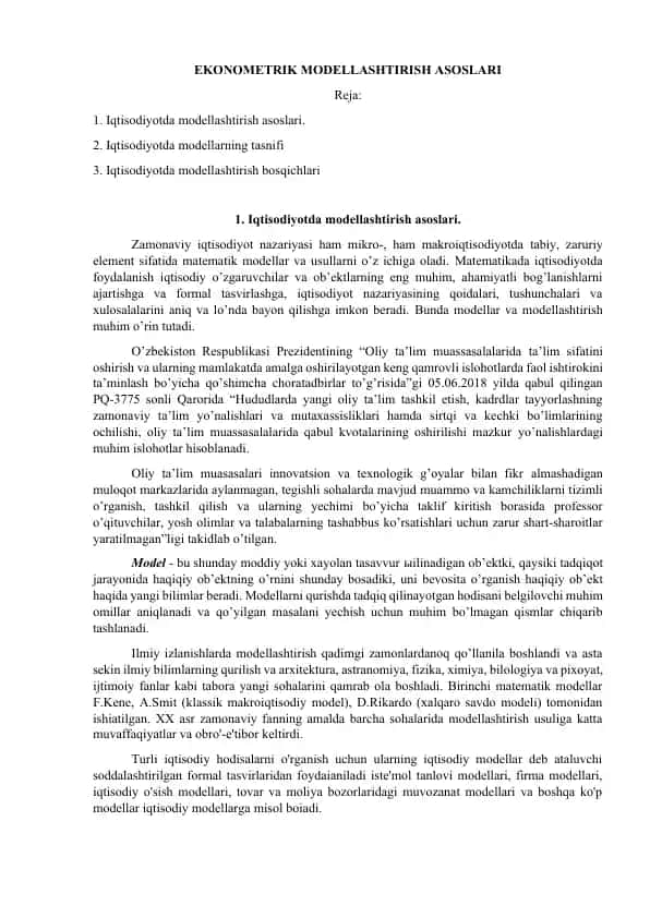 Ekonomik modellovchilik asoslari