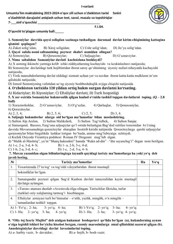 Umumta’lim maktabining 2023-2024-o‘quv yili uchun o’zbekiston tarixi fanini o‘zlashtirish darajasini aniqlash uchun test, savol, masala va topshiriqlar