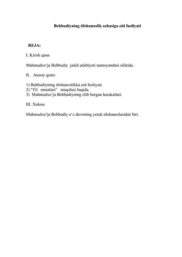 Behbudiyning tilshunoslik sohasiga oid faoliyati