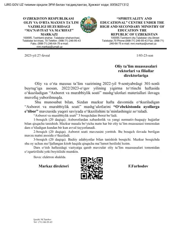 "Axborot va murabbiylik soati"