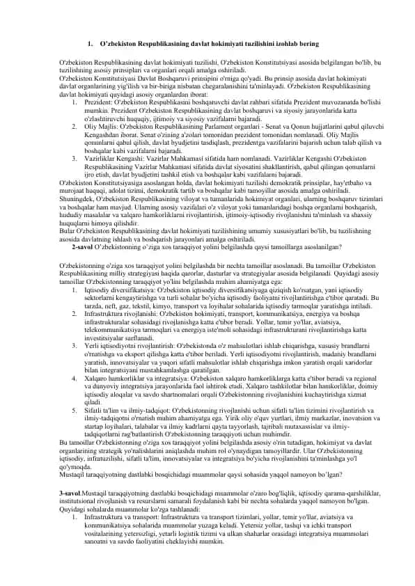 O'zbekiston Respublikasining davlat hokimiyati tuzilishi