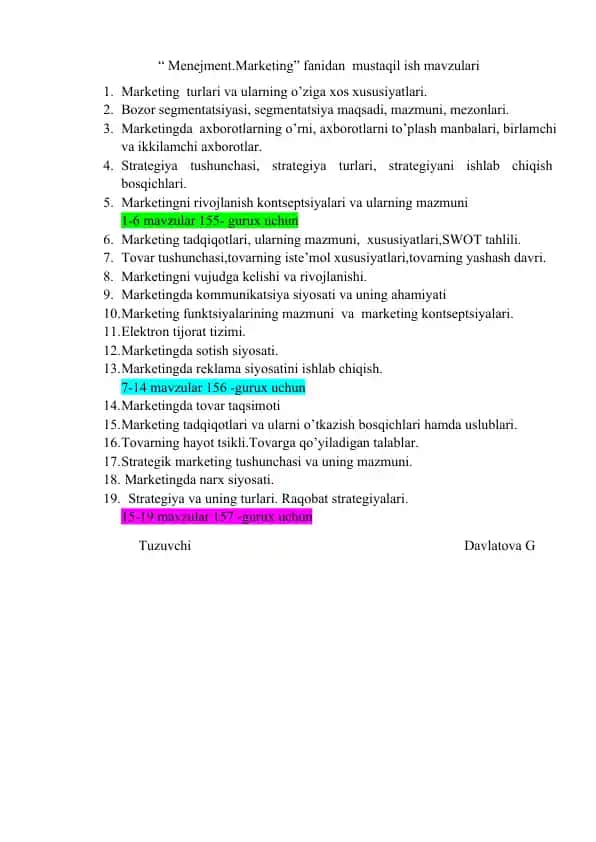Menejment.Marketing fanidan mustaqil ish mavzulari