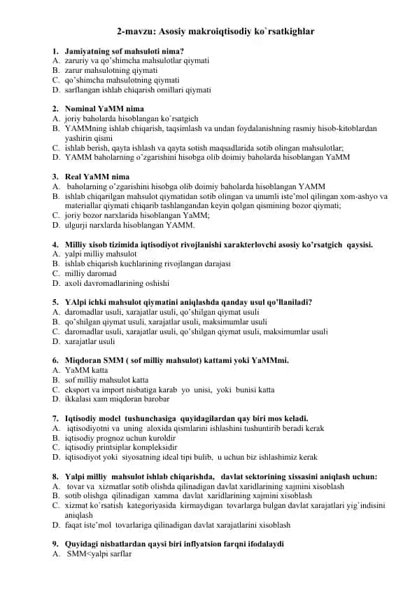 Asosiy makroiqtisodiy ko`rsatkighlar