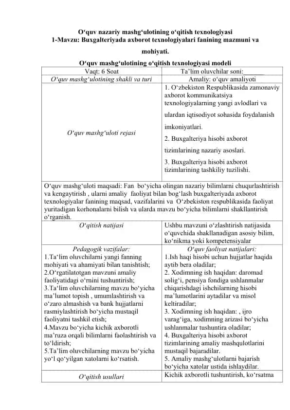 Buxgalteriyada axborot texnologiyalari fanining mazmuni va mohiyati