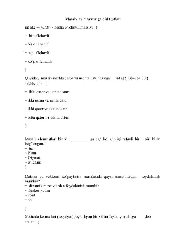 Massivlar mavzusiga oid testlar