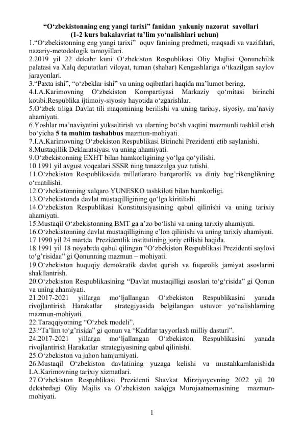 O‘zbekistonning eng yangi tarixi fanidan yakuniy nazorat savollari