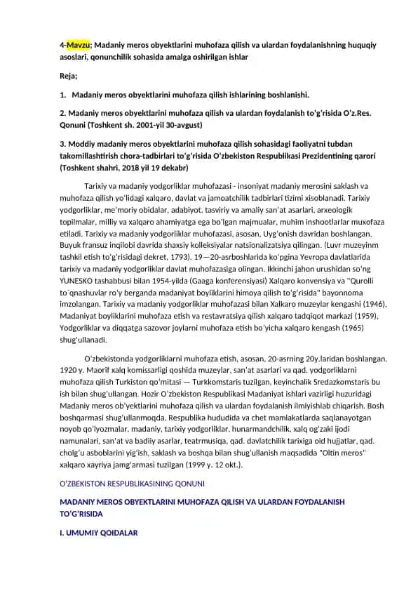 Madaniy meros obyektlarini muhofaza qilish va ulardan foydalanishning huquqiy asoslari, qonunchilik sohasida amalga oshirilgan ishlar