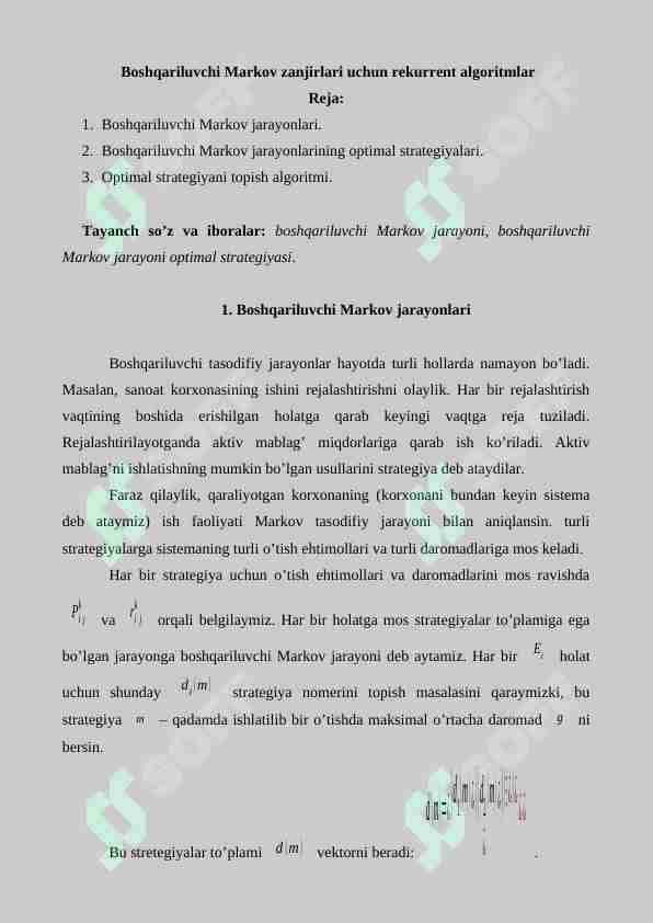 Boshqariluvchi Markov zanjirlari uchun rekurrent algoritmlar