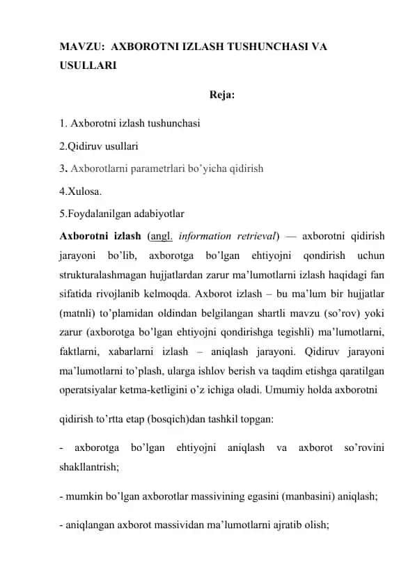 AXBOROTNI IZLASH TUSHUNCHASI VA USULLARI