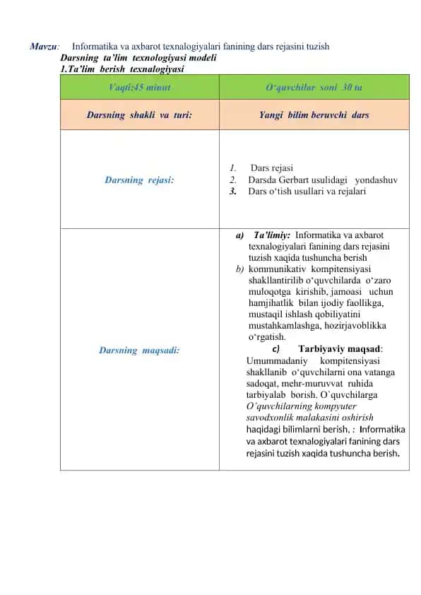 Informatika va axbarot texnalogiyalari fanining dars rejasini tuzish