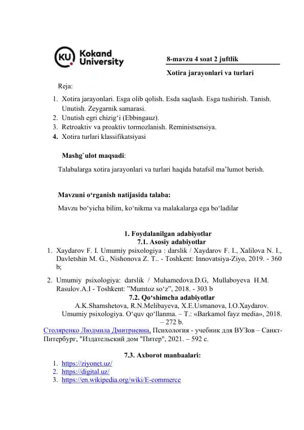 Xotira jarayonlari va turlari