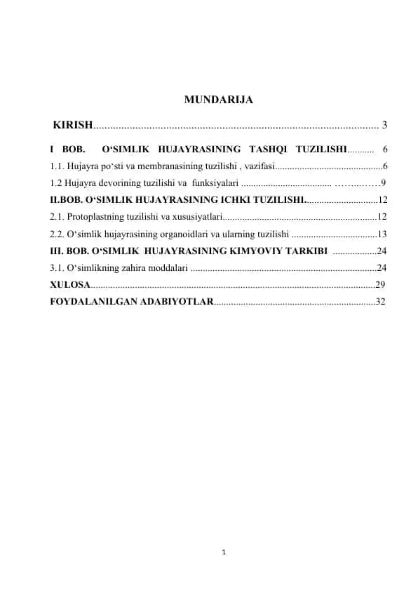 O‘simlik hujayrasi tuzilishi va kimyoviy tarkibi