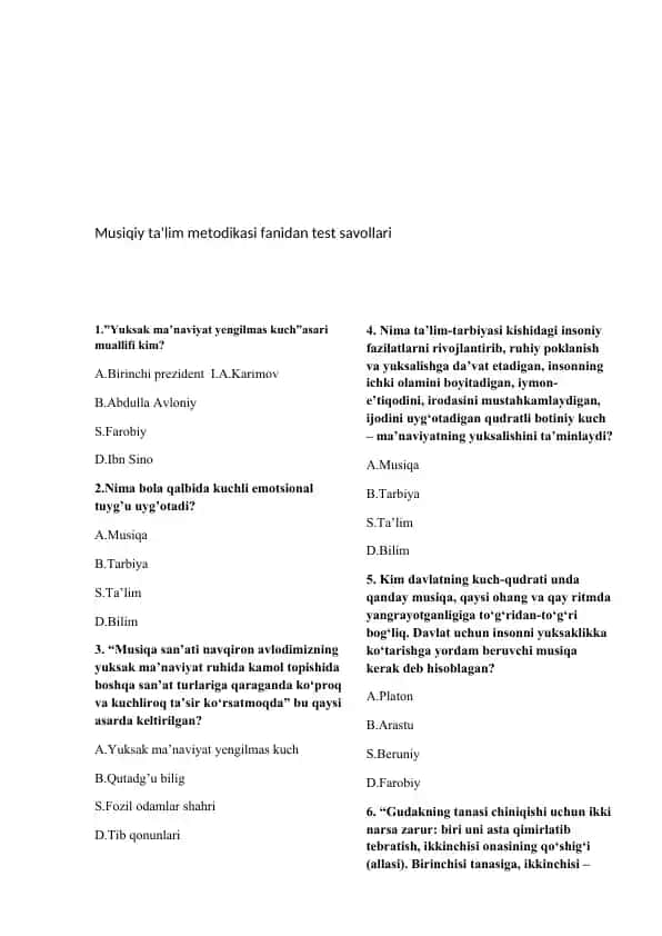 Musiqiy ta’lim metodikasi fanidan test savollari